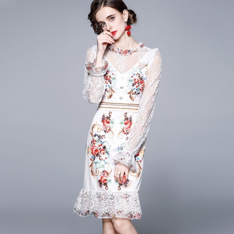 

Fashion Spring Women Lace Long Sleeve Patchwork Chiffon Floral Print Dress Vintage Elegant OL Slim Dress Vestidos 210518, Photo color