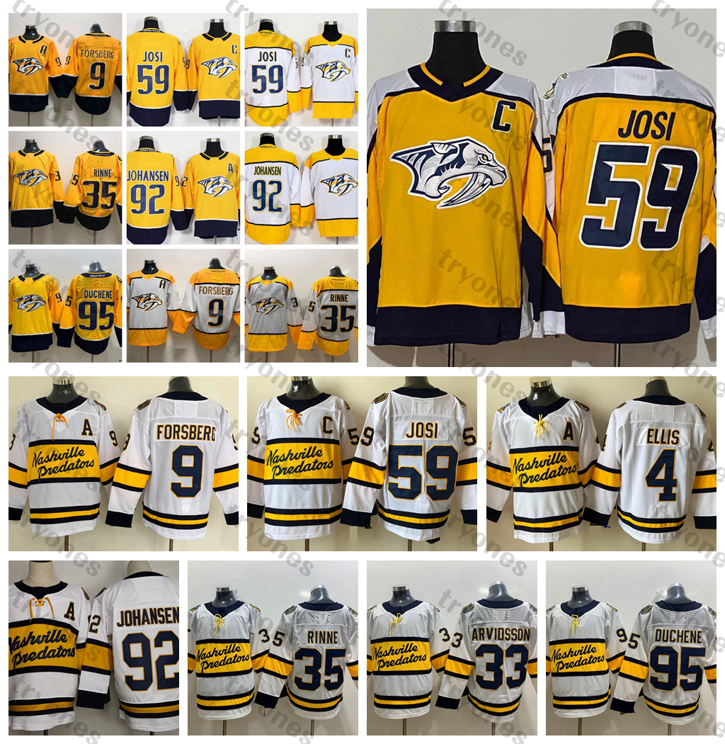 

2021 Reverse Retro Nashville Predators Hockey Jerseys 9 Filip Forsberg 92 Johansen 59 Roman Josi 35 Pekka Rinne 95 Matt Duchene Arvidsson Ryan Ellis Winter Classic, White 9