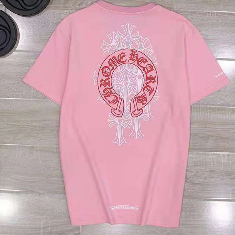

Chrome/hearts Ch Chao pink black and white classic cross horseshoe print social youth short sleeve T-shirt for men and women, White;black