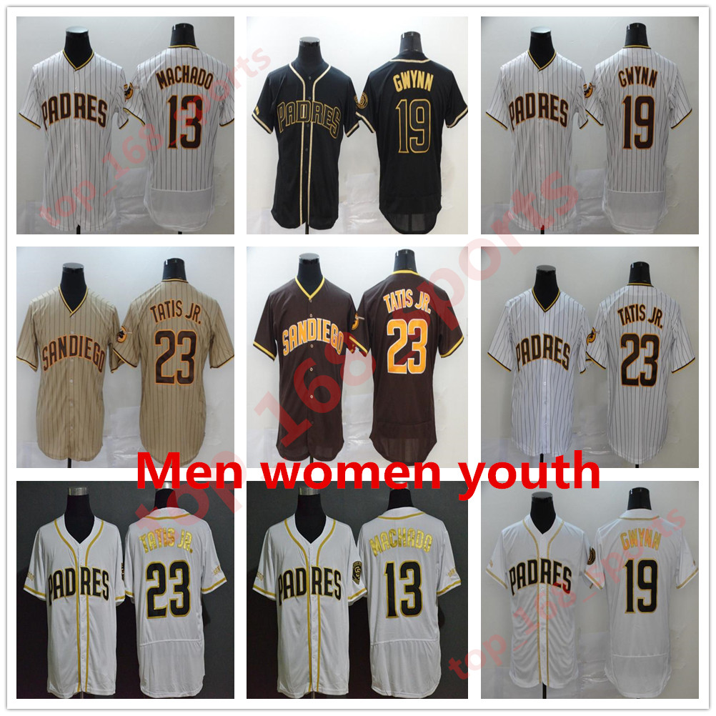

2021 13 Manny Machado Baseball Jersey 23 Fernando Tatis Jr 19 Tony Gwynn Pinstripe Brown White Black Home Away Flexbase Cool Base Men, Blue;black