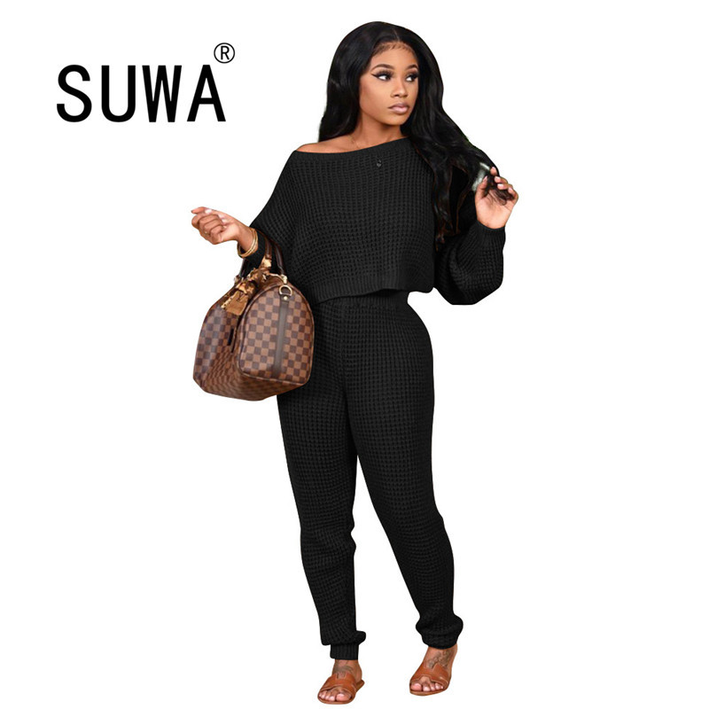 

Fashion Solid Warm Knitted Two Piece Sweater Set Fall Winter One Shoulder Long Sleeve Loose Pullover and Jogger Trousers Casual 210525, Brown