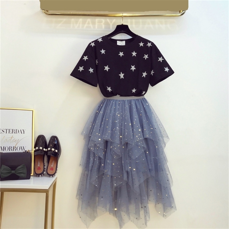 

Summer Fashion Women's Sets Short Sleeves Star T-Shirt + Mesh Skirt Beautiful Two Pieces Set Female Party Suits A1027 210519, Black blue