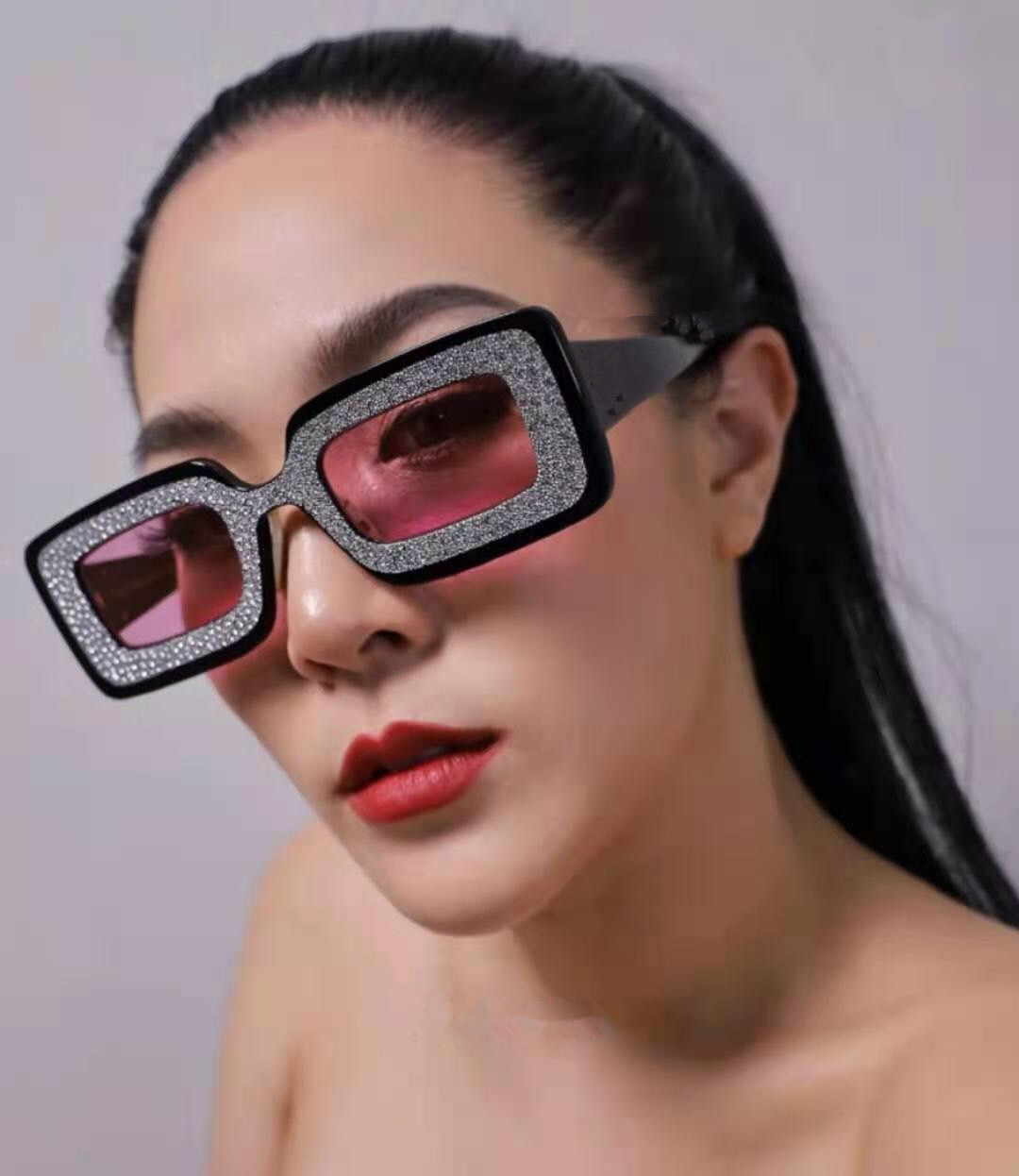 

0974S 008 54mm Oversized Square Black Women Sunglasses New with tags box Diamonds Glittered Gradient Oversized Square Sunglasses