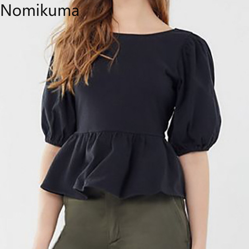 Nomikuma Sweet Ruffle Doll Shirt Korean Sexy Lace Up Backless Blouses Causal Puff Short Sleeve O-neck Blusas Mujer 6G540 210427