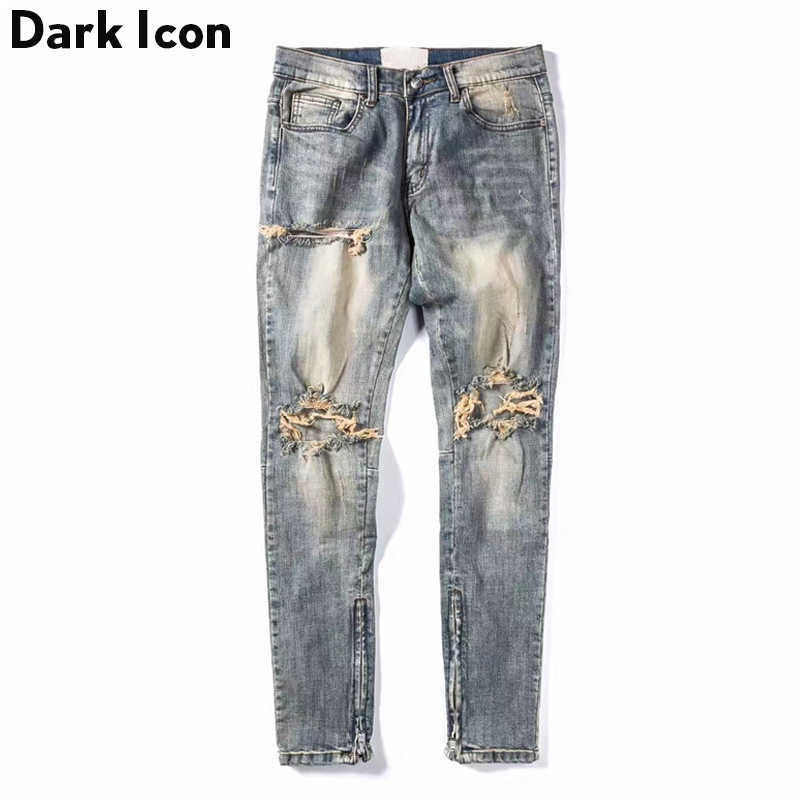 

Ripped Side Zipper Jeans Men Stoashed Destroyed Men's Jeans 210603, Wash yellow