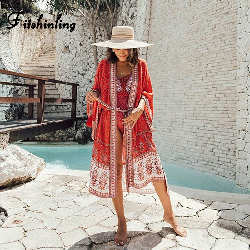 

Fitshinling Bohemian Holiday Beach Kimono Cover-Up Swimwear Print Floral Summer Long Cardigan With Sashes Slim Sexy Bikini Cover