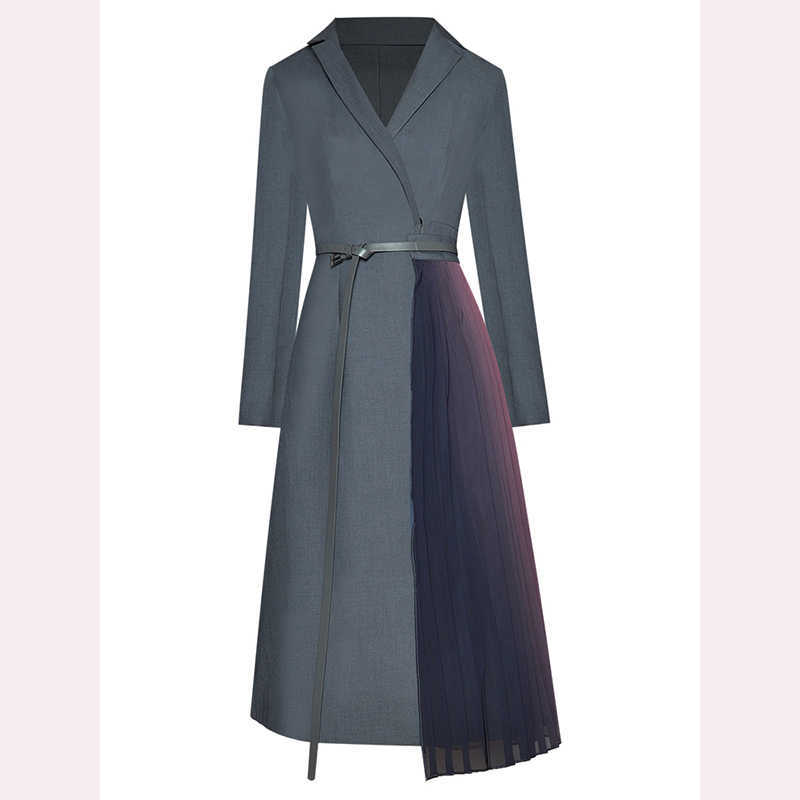 

HIGH QUALITY est Fashion Suit Lapel Long Sleeve Lace-Up Pleated Dress 210526, Blue