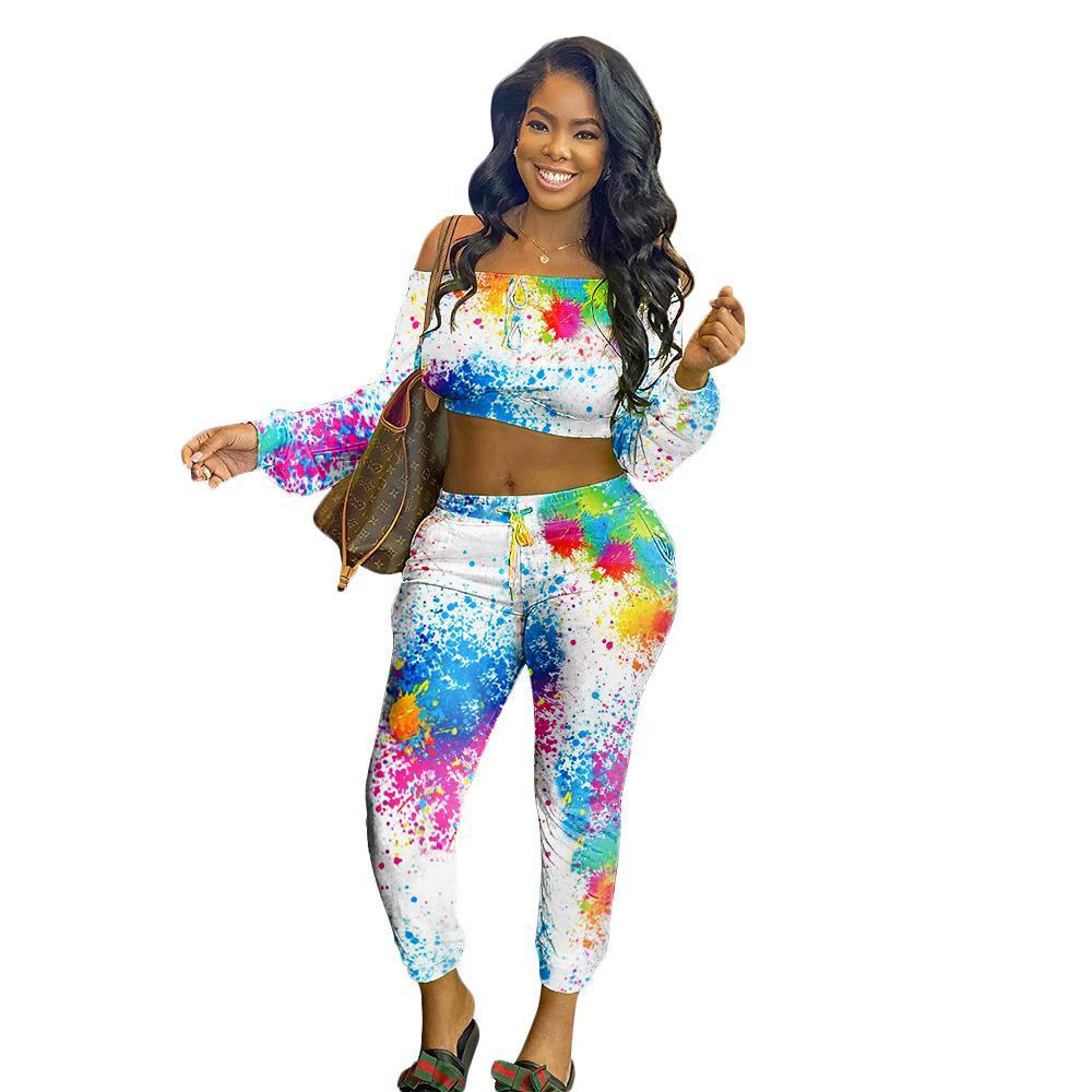 

Tracksuits Graffiti Print Women Tracksuit Slash Neck Long Sleeve Crop Top Skinny Trousers Jogger Pants Set Outfit Street Party 2 Piece Sets 2XL