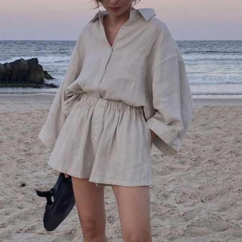 

Linen Solid Oversize Women Shorts Set Single-breasted Shirt And Elastic Waist Trousers Ladies 2 Pieces Sets Summer Loose Casual 210518, 01 as picture