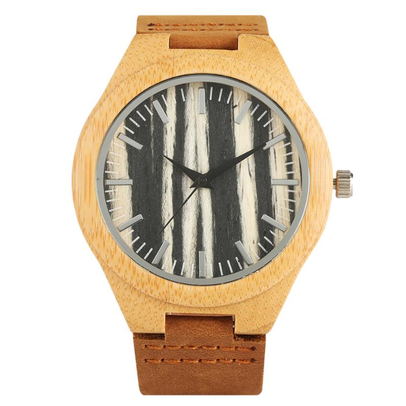 

Wristwatches Wrist Watch Men Leather Band Quartz Bamboo Wooden Creative Men's Watches Stripe/Coffee/Dark Blue Color Dial Clock Gift 2021