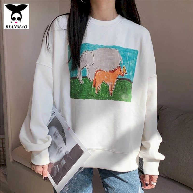 

Women's casual sweatshirt cotton Korean style nice lazy loose cartoon comic print wild long-sleeved female top shirt 210526, Black