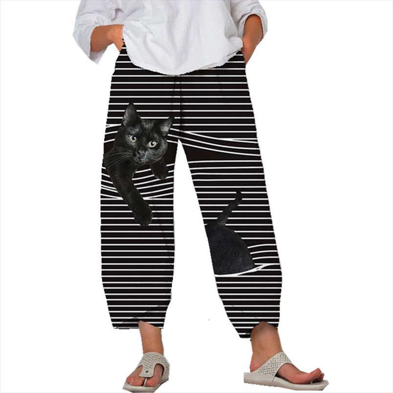 

spring summer vintage funny cartoon women capri 3d print elastic casual street trousers femme, Black;white