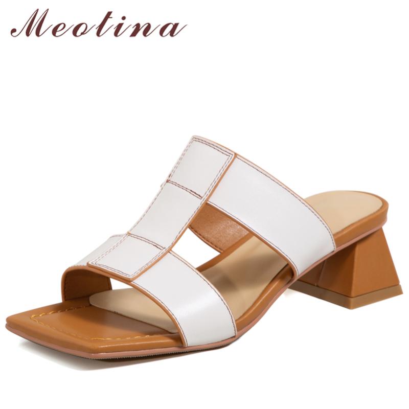 

Sandals Meotina Genuine Leather Women Square Toe Thick High Heel Shoes Slides Summer Slippers Ladies Footwear 2021 White 40, Black