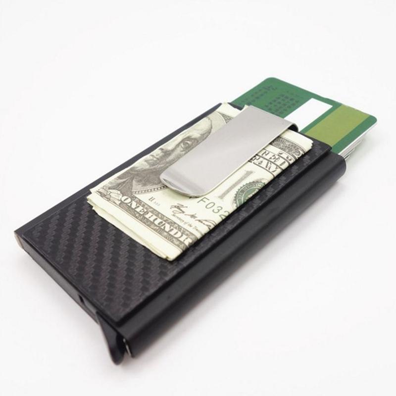 

Card Holders 2021 Mini Slim Wallet Slide Case Carbon Fiber PU Leather RFID Wallets Aluminum ID Holder With Cash Clip, Blue men wallet
