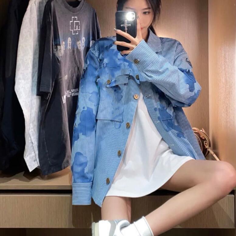 

2021SS Fall fashion casual designer women' jacket lapel graffiti print buttons blue men' short coat