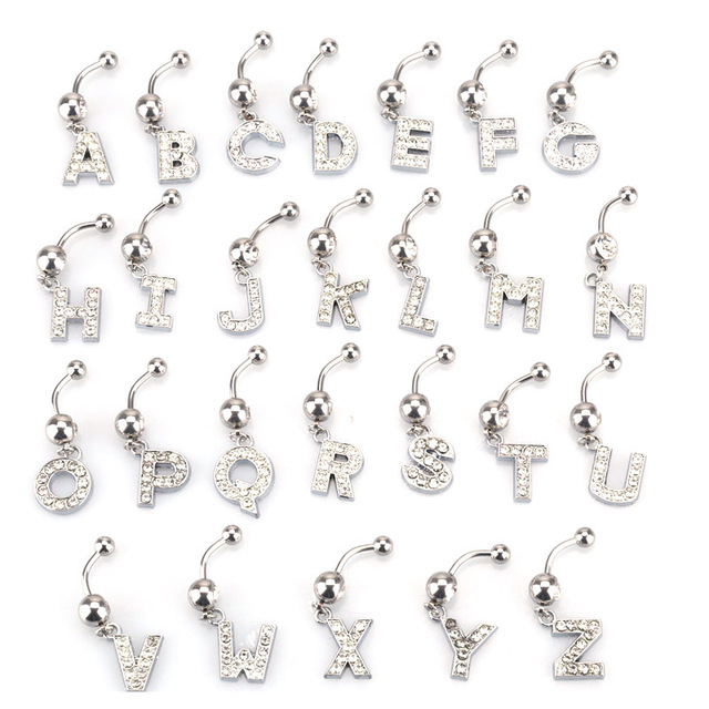 

26 letter A to M style Charming Body Piercing Crystal Rhinestone Inlaid Navel Belly Button Ring stainless steel jewelry