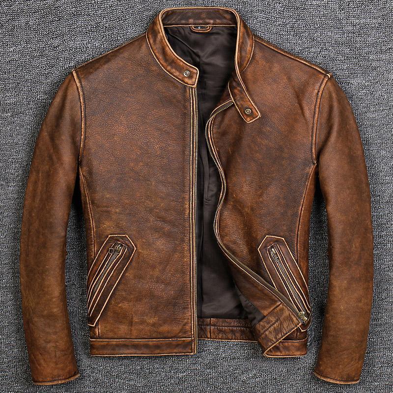 

Men' Leather & Faux Pure Soft Lear GarMant Jackets Man Handsome Head Layer Cowhide Brief Paragraph Coat Collar, Black