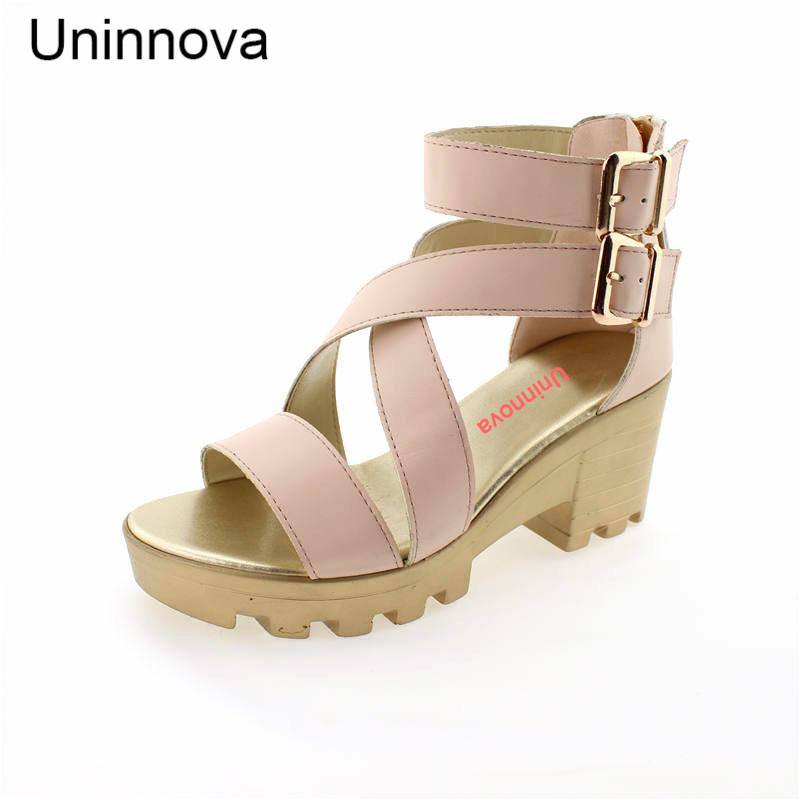 

Ankle Strap Zip Platform Sandals Med High Heeled Comfortable Leisure Chuncky Heels Uninnova Extra Small Size 33-43 WSA067, Black