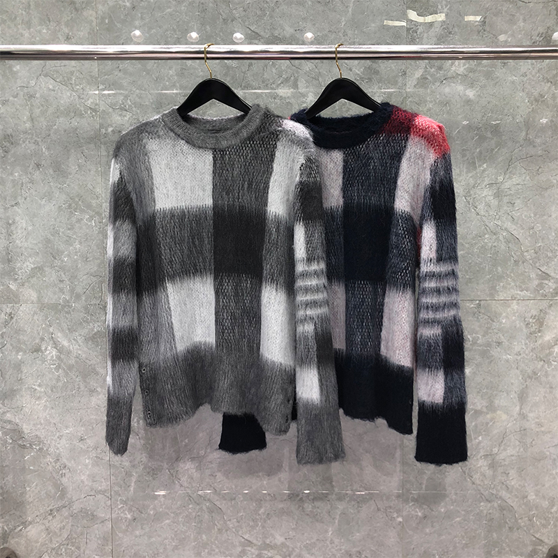 

Classic Mohair Men's Sweater Winter 4-Bar Arm Stripe Luxury Brand Women's Designer Pullover Knitted Crew Neck Plaid High Quality Slim Casual Original Blouse, Gray