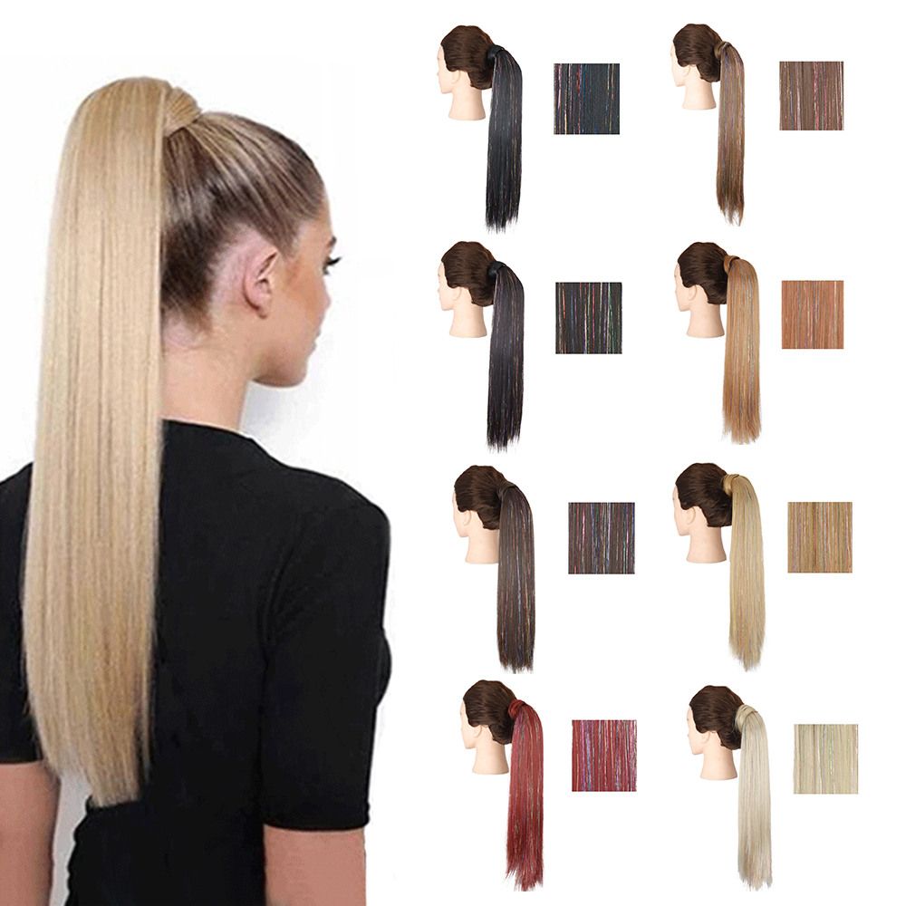 

Long Straight Wrap Around Clip In Ponytail Hair Extension Heat Resistant Fake Synthetic Pony Tail With Highlight Laser Wire Bling Honey Blonde #613 Burgundy Jet Black
