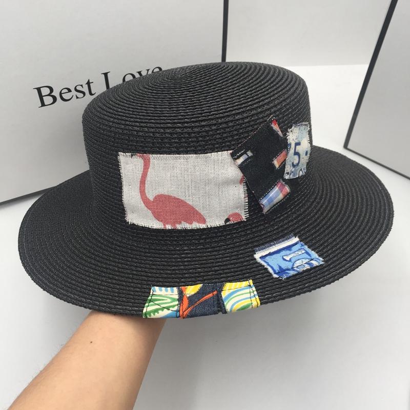 

Wide Brim Hats The European And American Patch Straw Hat For Women Flat Shade Sunscreen Holiday, Blue;gray