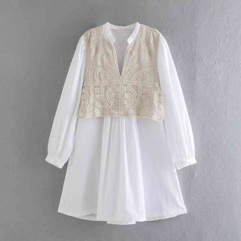 

Elegant Solid Patchwork Poplin Thin Simple Summer Mini Dress Design Long Sleeve V-neck A-Line High Waist Femme Vestidos 210521, White