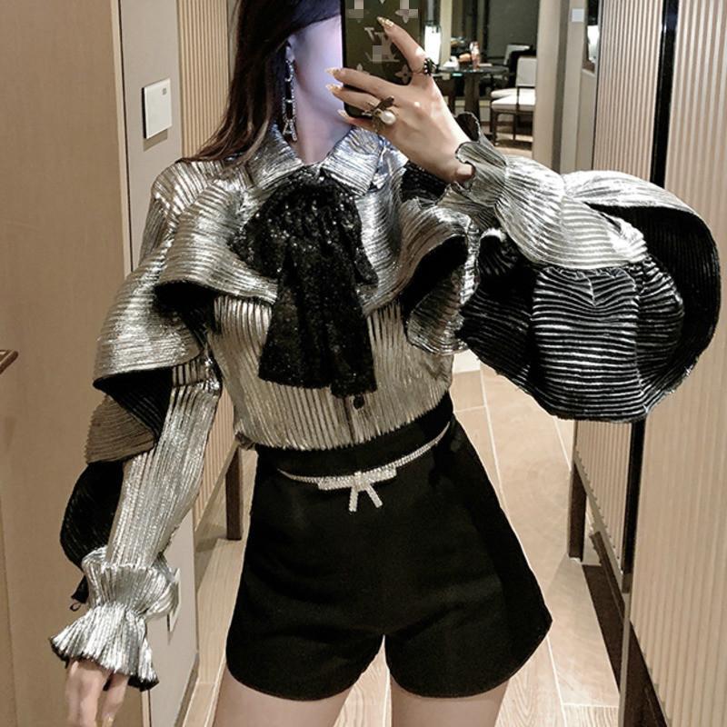 

Women's Blouses & Shirts [EWQ] 2021 Spring Long Sleeve Sequin Ruffle Design Ladies High Quality Shirt Korea Bow Loose Silver Lady Party Blou, Silver with bow tie