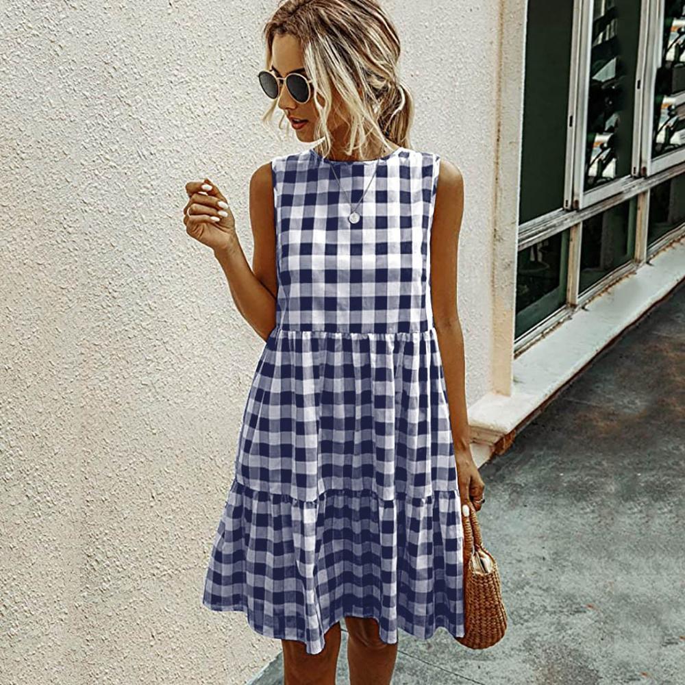 

Jocoo Jolee Women Elegant Plaid Sundress Casual Summer Sleeveless A Line Dress Retro Beach Dress Evening Party Dress Vestidos 210518, Blue