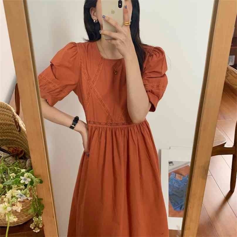 

Orange Sweet Girls Square Collar Brief Chic All Match Solid Summer Short Sleeves Elegance Long Dresses Vestidos 210525
