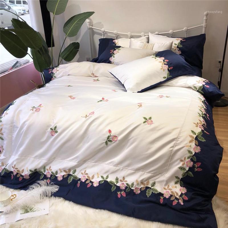 

Luxury Washed Silk Cotton Fresh Pastoral Bedding Set Embroidery Duvet Cover Bed Sheet Pillowcases  King Size 4pcs