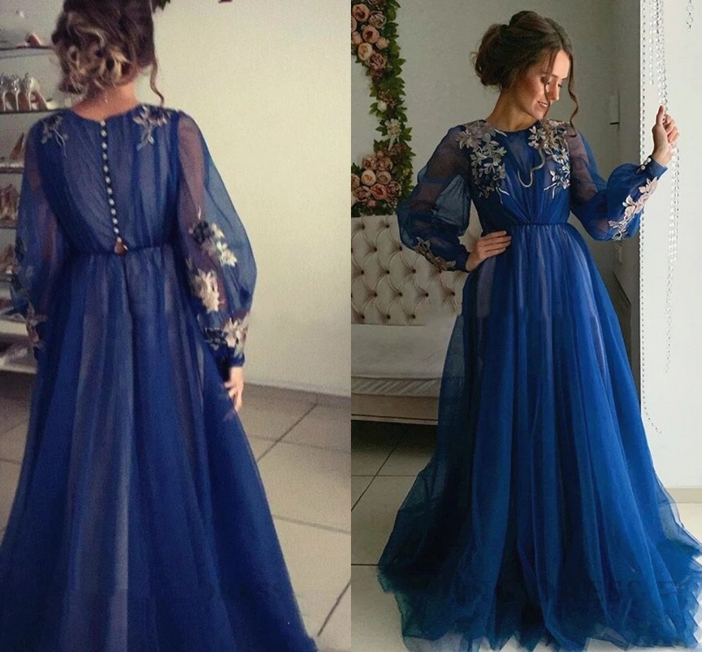 

Romantic Royal Blue Gold Lace Evening Mother of the Bride Dresses 2022 With Long Illusion Lace Sleeves Tulle Bateau Neck Pleated Party Bridesmaid Prom Dress, Water melon