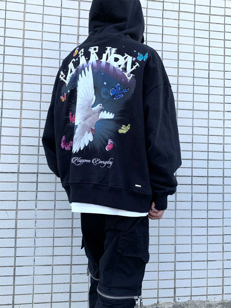 

AMI new fall / winter 20 peace dove print embroidered letter hole stitched Hoodie men's loose fitting, Black