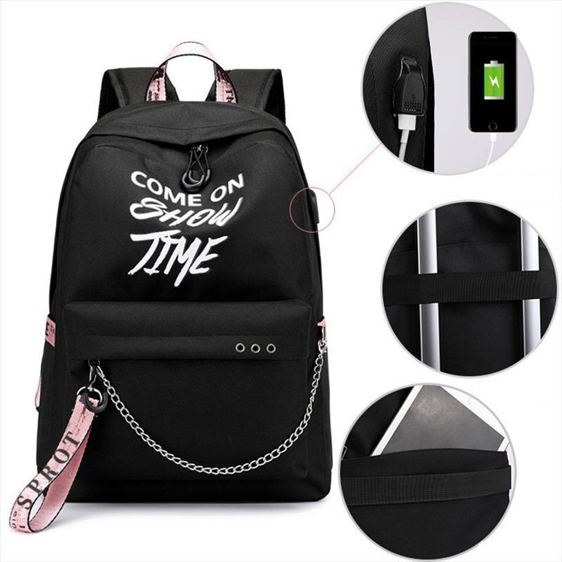 

luminous fashion ribbons backpack women letters print usb charging school bags for girls travel laprucksack bookbags
