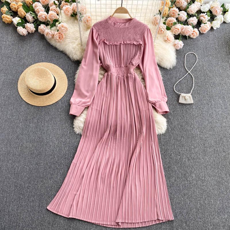 

Casual Dresses Women Vintage Dress Spring Autumn Long Sleeve Ruffles Pleated Ladies Elegant Puff French Robe Vestidos, Black;gray