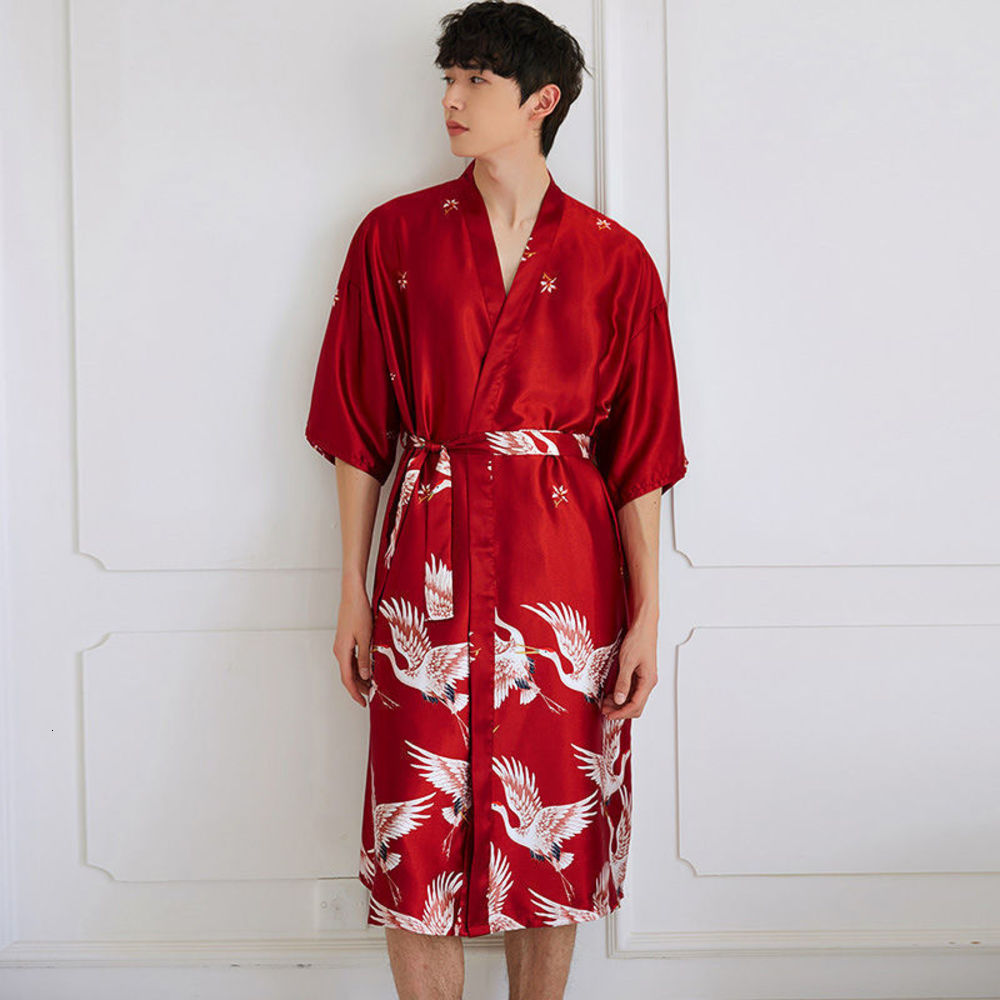 

Big size couple pajamas women spring and summer long nightgown morning gown thin ice silk bathrobe sexy home kimono