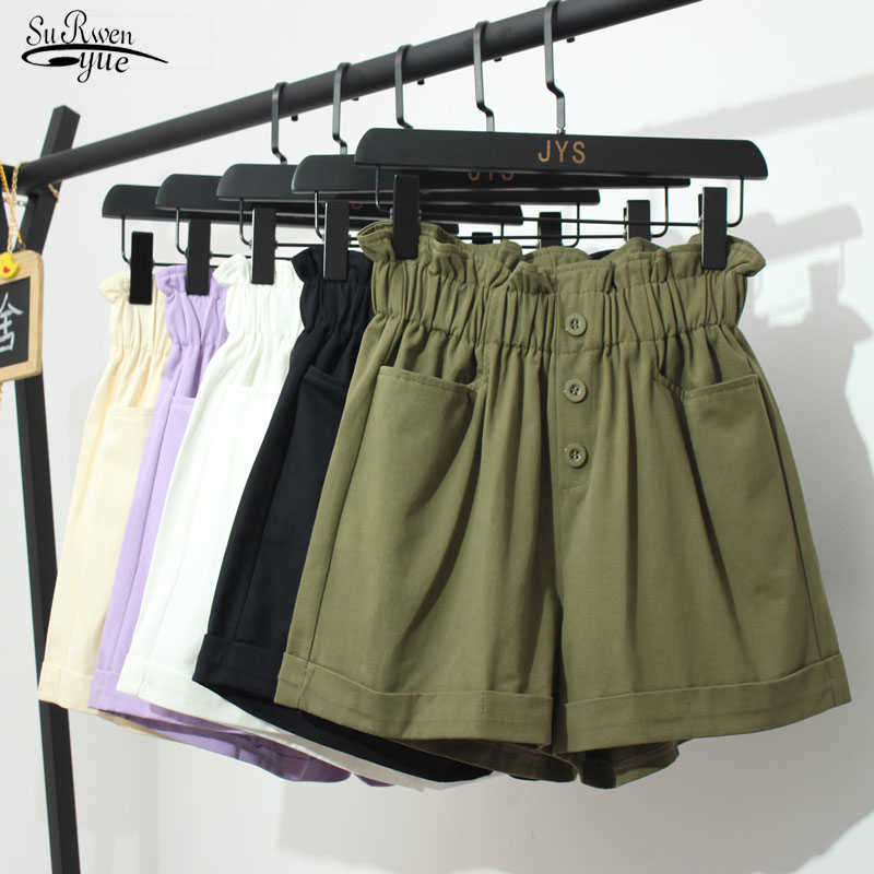 

Summer High Waist Shorts Women Solid Pockets Casual Shorts Wide Leg Cargo Shorts Elastic Trousers Pantalon Femme Chic 10659 210527, Black