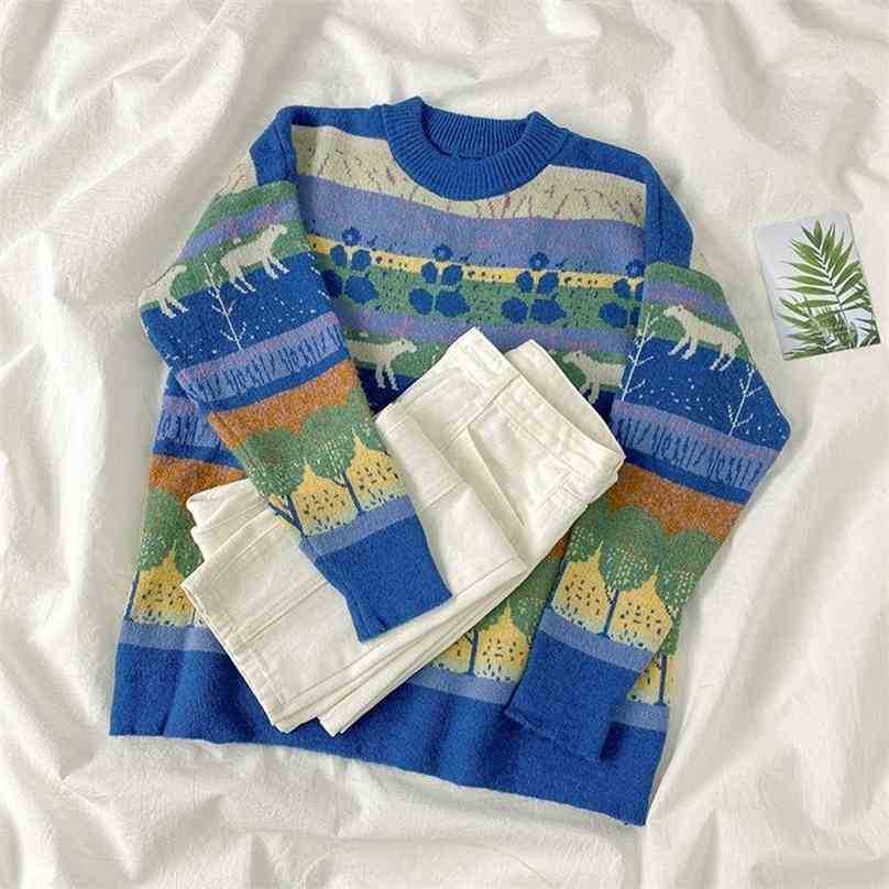 

spring autumn printed sweater women loose long sleeve jumper korean woman vintage casual pullover knitted tops 210525, Blue