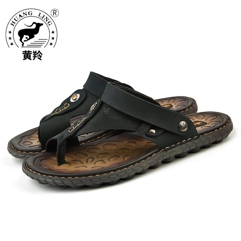 

Sandals Size 38-44 2021 HUANGLING Summer High Quality Men Cow Leather Outdoor Casual Shoes For, Black