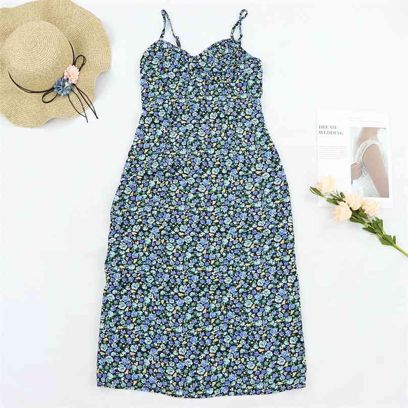 

France Blue Rose Tree Print summer Dress Fashion reveal the shoulders vestidos Vintage Spaghetti straps Midi 210520, Multi