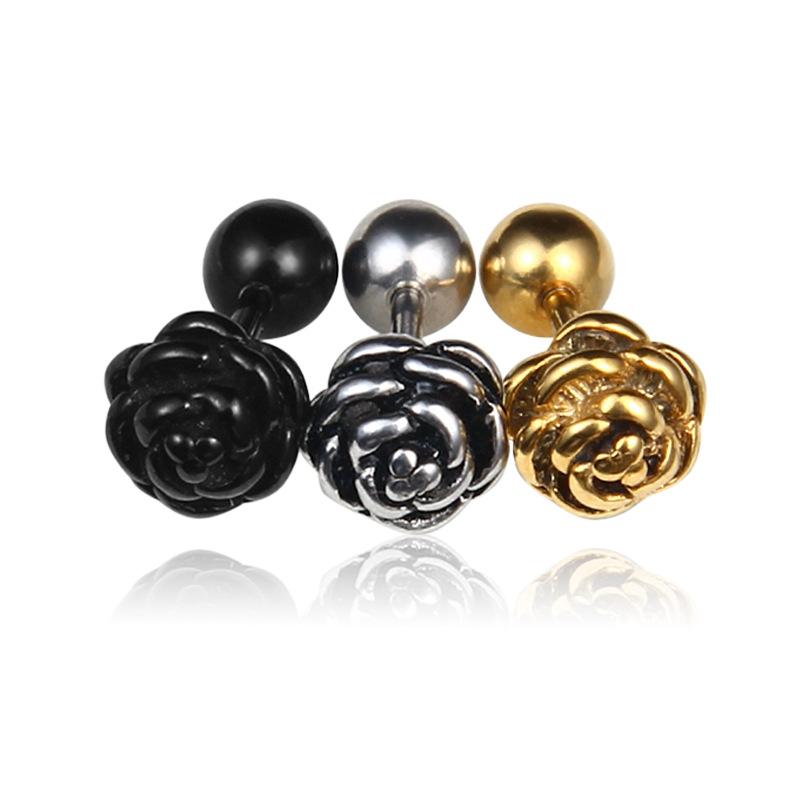 Stud 1 Pair 2pc Titanium Steel Rose Flower Earrings Men Punk Rock Earring Women Fashion Party Jewelry Black Silver Gold-image-710872565