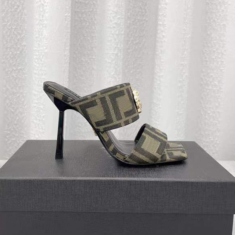 

womens Heeled Slippers Top quality Medusa Aevitas Co Designer FF theme sandals 10cm Thin heel shoes big size 35-42 women sandal Fashion desi, Brown6.5cm