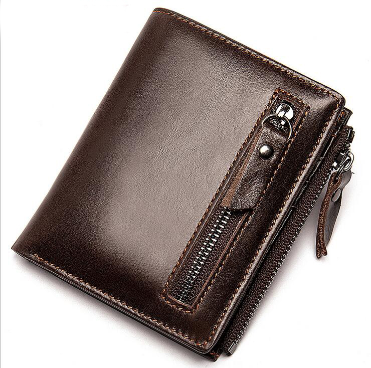 

Men's oil wax leather wallet card holder multi-card retro zipper genuine leathers clip wholesale 009, Black