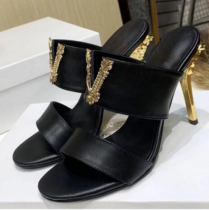 

Fashion Designer Baroque Sculpted Thin high heel Half Slippers Genuine leather Lady Slides Summer Sandals Wedding Bridal Pumps 35-42, Black