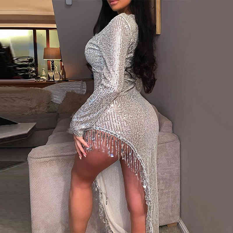 

2020 Sexy Elegant Party Deep V-neck Tassel Dress Sprint Long Sleeve High Waist Split Sequined Bodycon Midi Clubwear Dresses, Black;gray