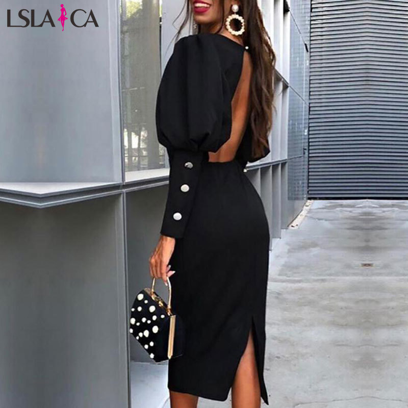 

Dress Women Sexy round neck long-sleeved halter fashion hem split fork lantern sleeves midi dress autumn 210520, Black
