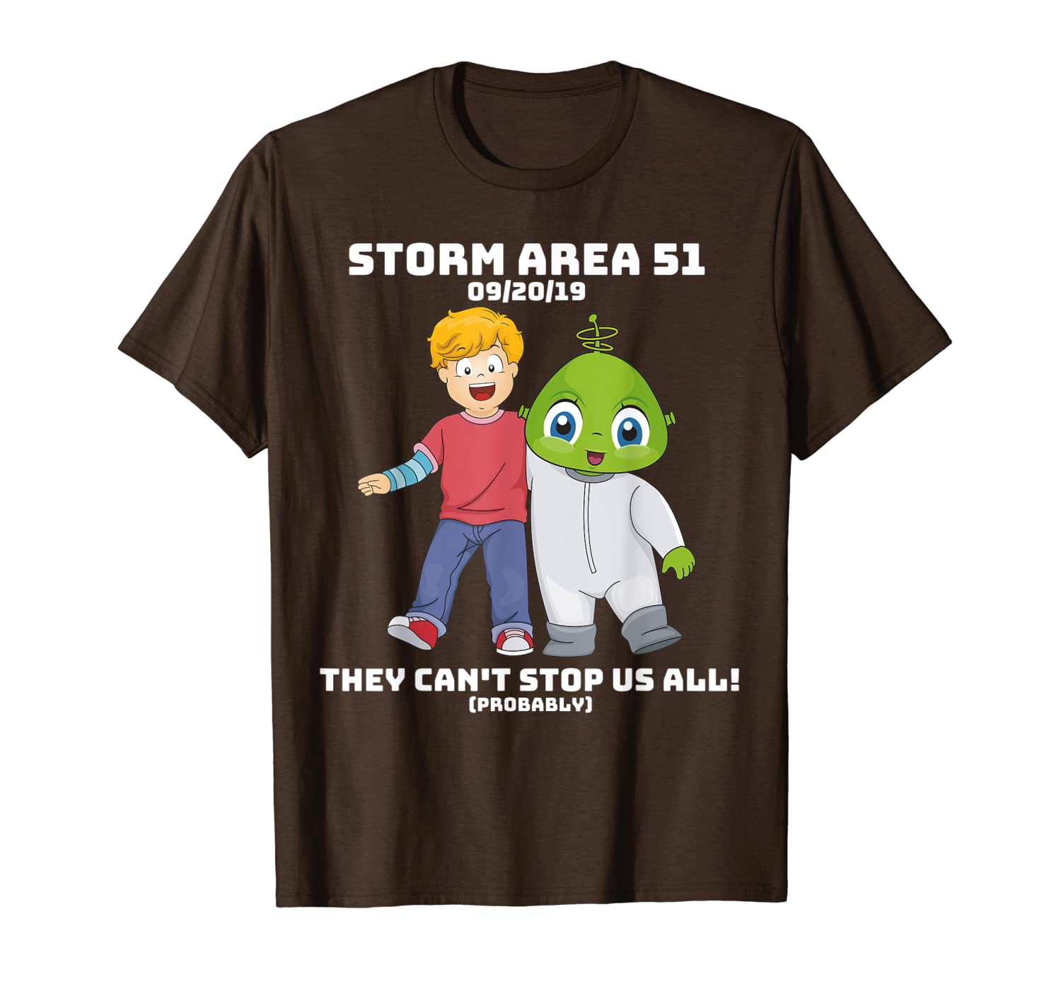

storm area 51 t-shirt with boy and alien friend, White;black