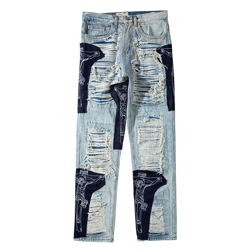 

High Street Oversize Baggy Jean Hole Fringe Embroidery Pants Mens Color Block Tassel Ripped Retri Denim Trousers, Black