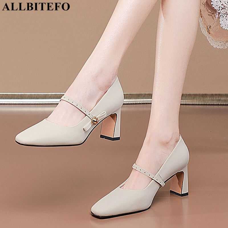 

ALLBITEFO bow design square toe natural genuine leather high heels fashion sexy party wedding shoes pumps women heels shoes 210611, As picture