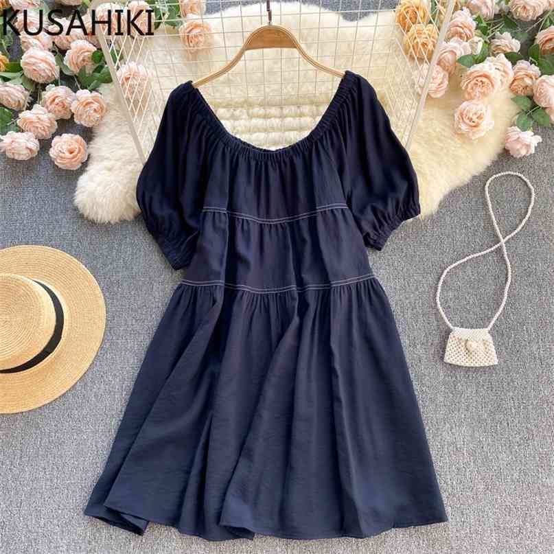 

Korean Causal O-neck Puff Sleeve Dresses Sweet High Waist A-line Woman Dress Fashion Vestidos De Mujer 6J513 210603, White