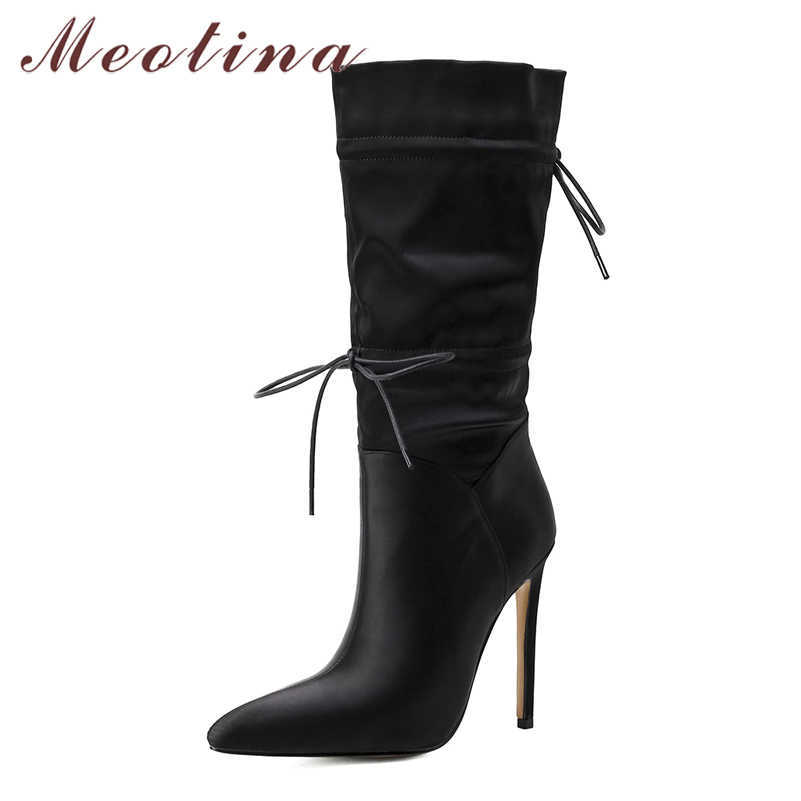 

Meotina Mid-Calf Boots Women Shoes Super High Heel Female Boots Pointed Toe Thin Heels Lace UP Lady Footwear Winter Black 210608